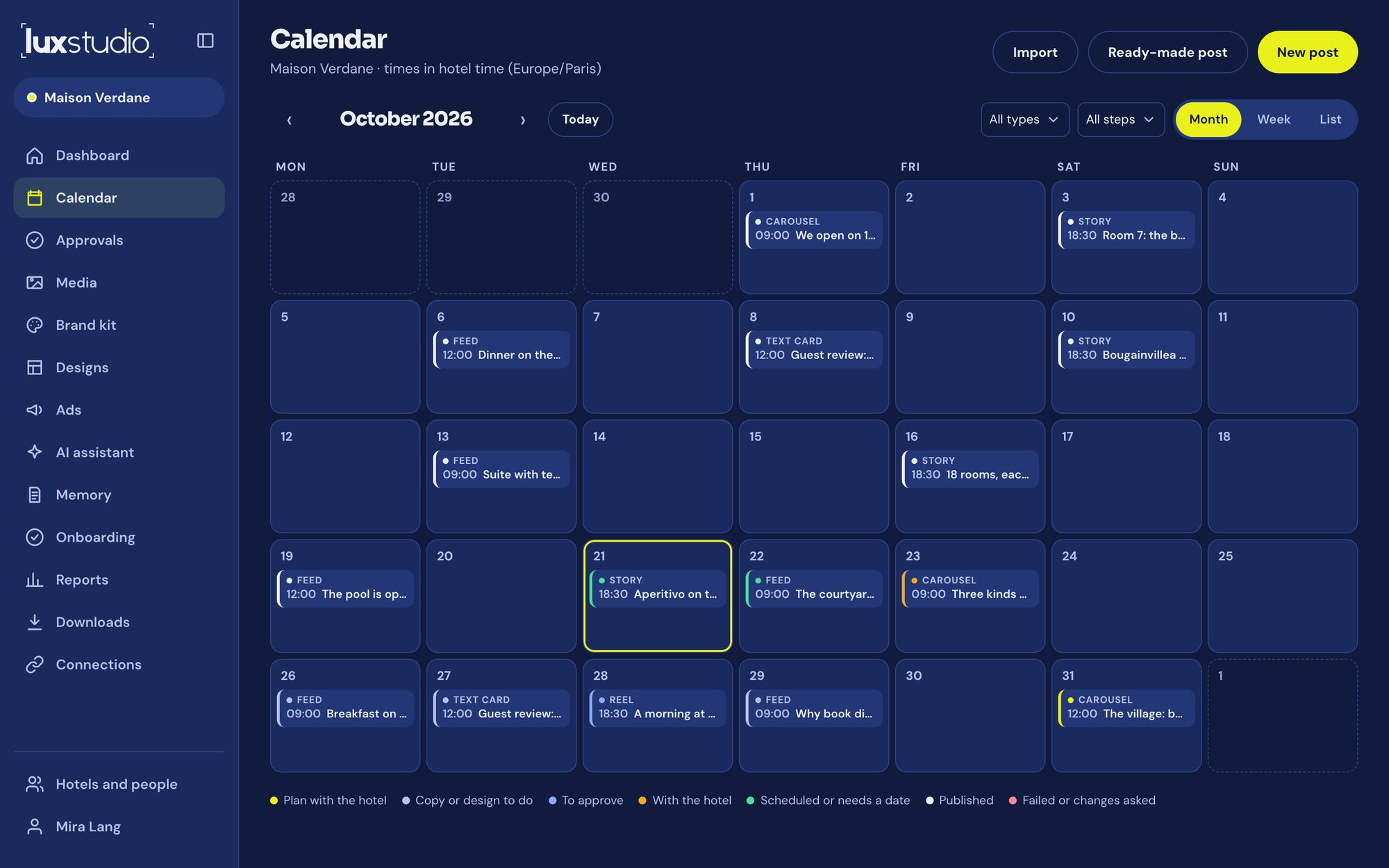 The month on the LuxStudio calendar, every post with its status