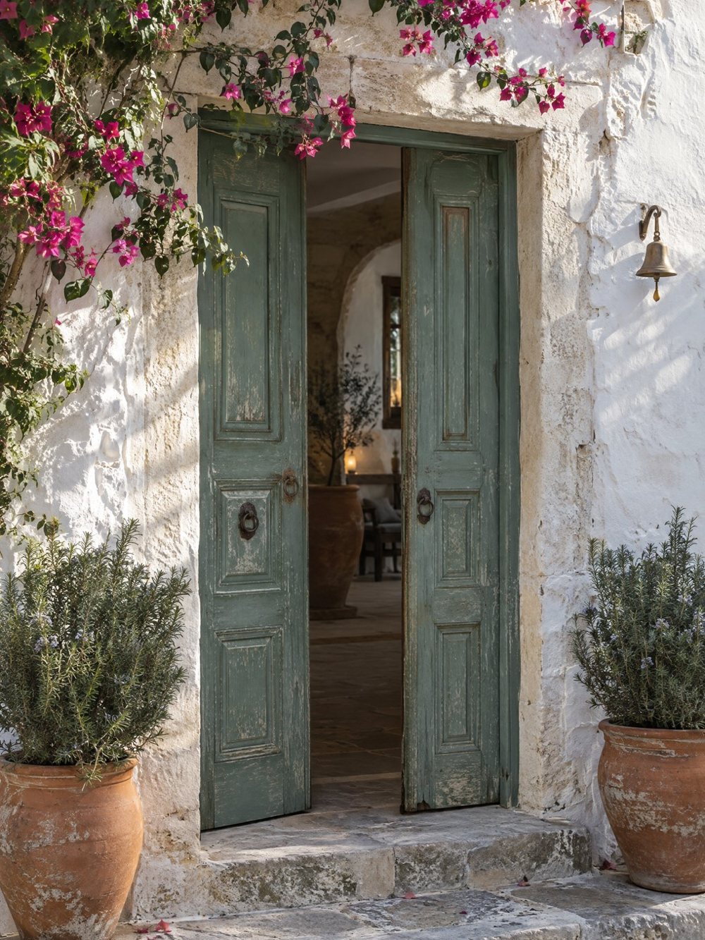 The green door of a small hotel under bougainvillea