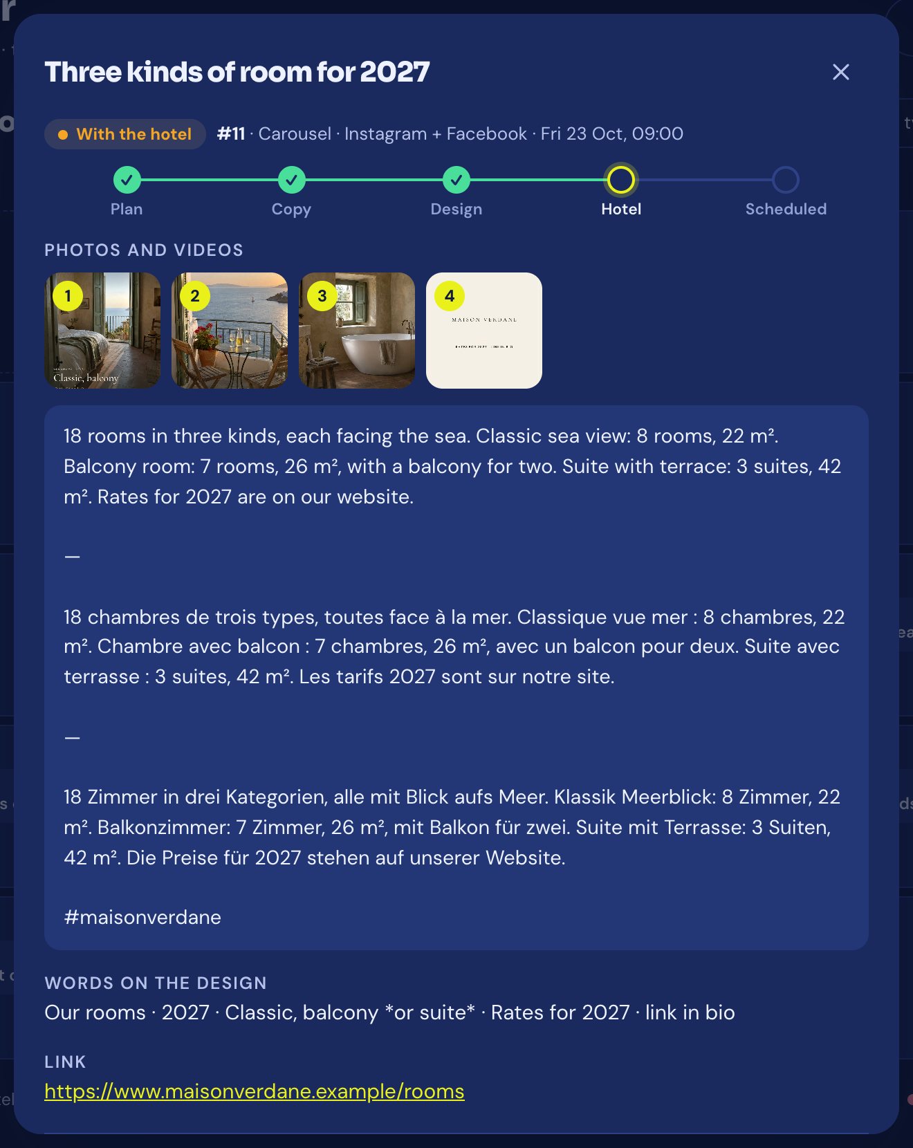 A post open in LuxStudio, with its copy in three languages and its approval steps