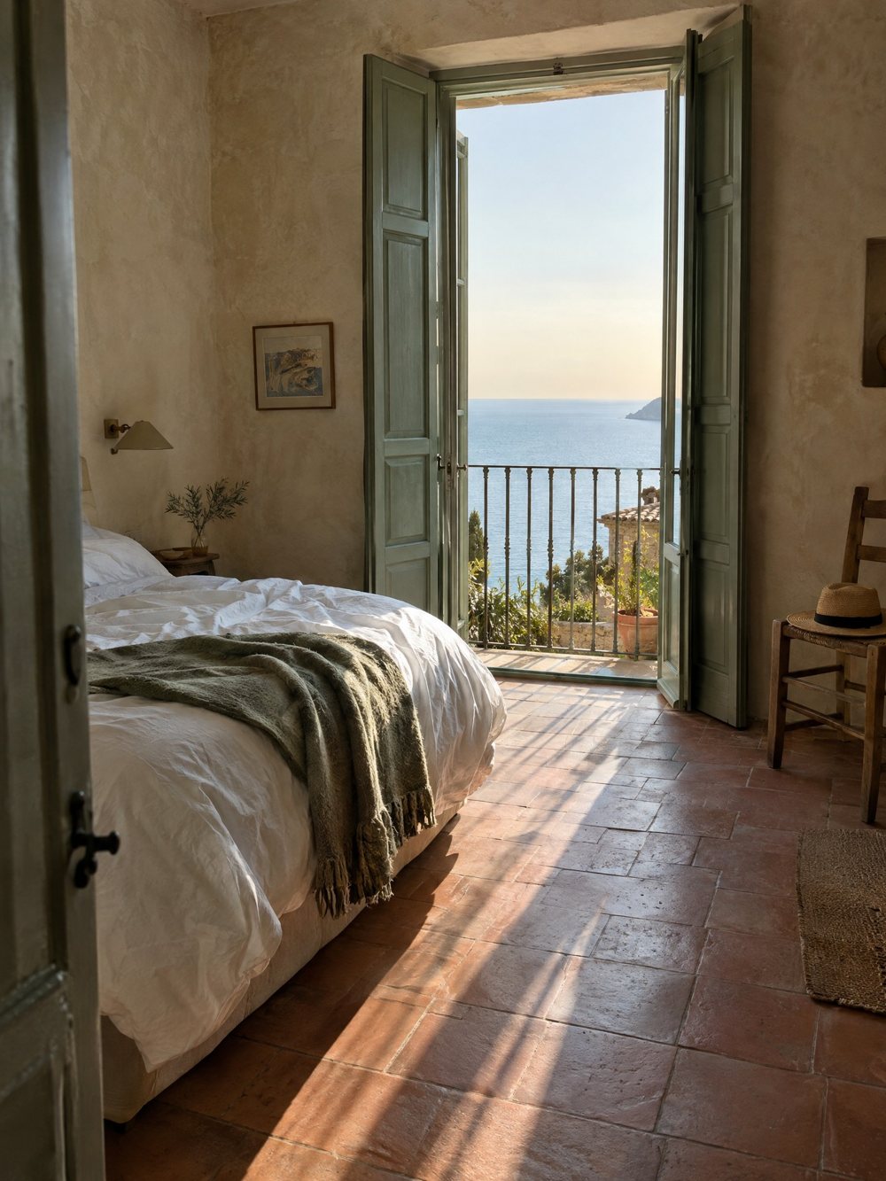 A guest room with its shutters open to the sea